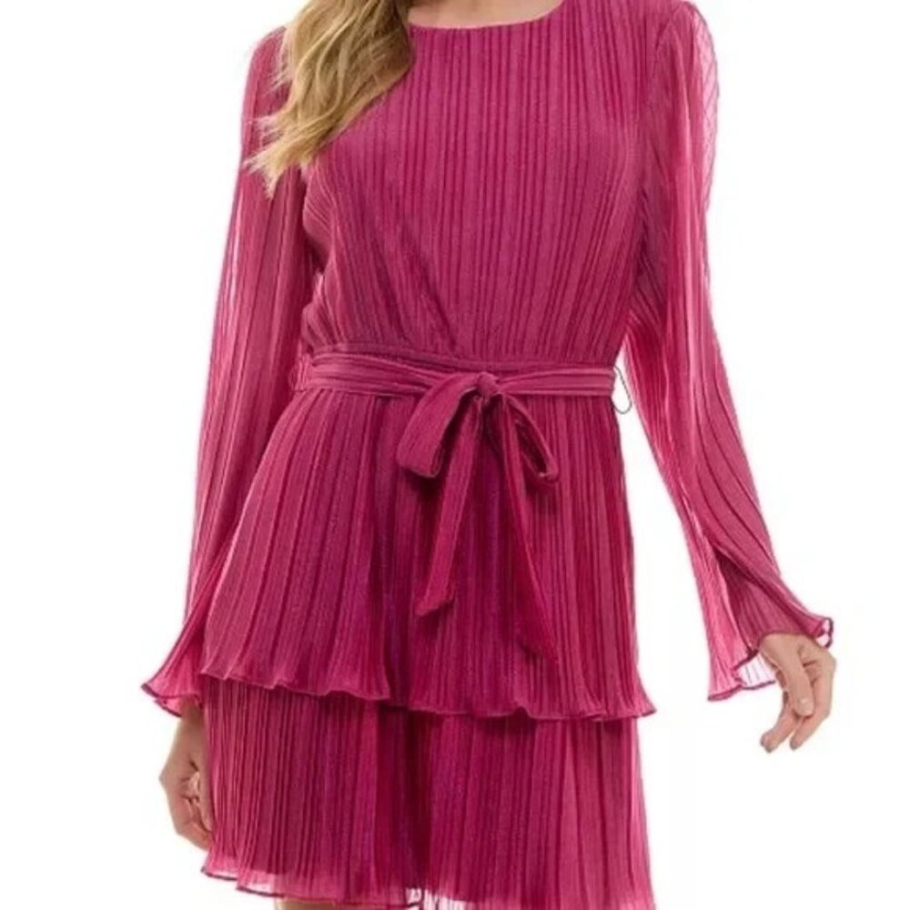 City Studio Magenta Pleated Long Sleeve Belted Tiered Dress XL